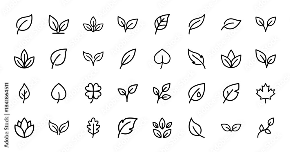 Fototapeta premium Nature and ecology line icon set. Vector pictograms of leaf, foliage, sprout, clover, maple, lotus, stem and organic plant shapes, thin outline illustration.