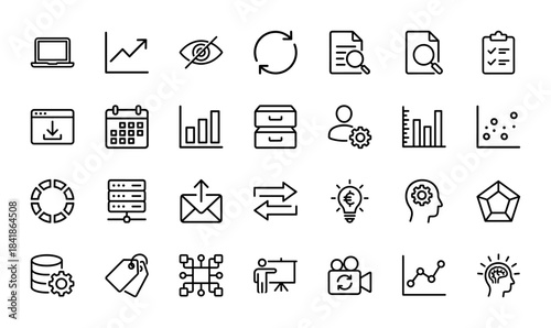 Business and data analysis line icon set. Vector pictograms of laptop, chart, calendar, server, database, strategy, finance, linear outline illustration.