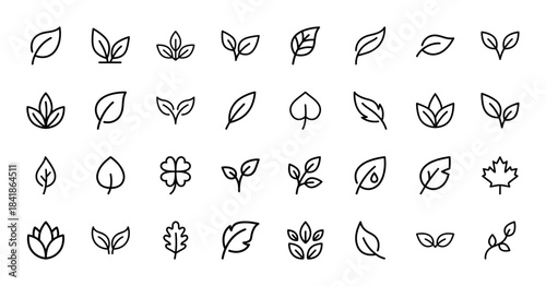 Nature and ecology line icon set. Vector pictograms of leaf, foliage, sprout, clover, maple, lotus, stem and organic plant shapes, thin outline illustration.