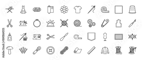 Sewing and tailoring line icon set. Vector pictograms of machine, scissors, needle, thread, mannequin, measuring tape, buttons, fabric, thin outline illustration.