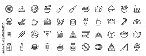 Food and drink line icon set. Vector pictograms of pizza, burger, sushi, noodles, cake, sundae, beer, coffee, bread and wine, thin outline illustration.