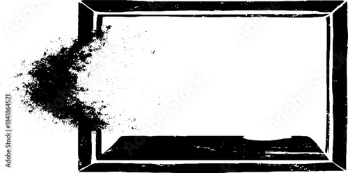 Abstract black and white stencil of a bending rectangular frame with paint splatter effect