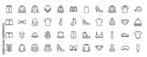 Clothing and fashion line icon set. Vector pictograms of shirt, pants, jacket, dress, shoes, hat, underwear, swimwear and baby clothes, thin outline illustration.