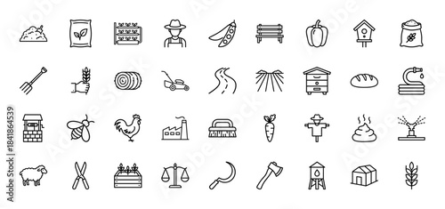 Agriculture and farming line icon set. Vector pictograms of farmer, hay, beehive, sheep, rooster, greenhouse, vegetables, and tools, thin outline illustration.