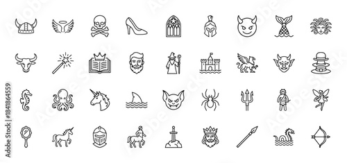 Fantasy and mythology line icon set. Vector pictograms of wizard, castle, unicorn, king, mermaid, knight, vampire, fairy and magic wand, thin outline illustration.