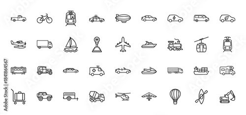 Transportation vehicle line icon set. Vector pictograms of car, truck, train, airplane, ship, bicycle, helicopter, tram, and van, thin outline illustration.