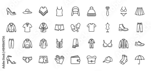 Clothing and apparel line icon set. Vector pictograms of shirt, skirt, pants, shoes, hat, jacket, underwear, gloves, socks and bag, thin outline illustration.