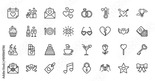 Love and valentine day line icon set. Vector pictograms of heart, ring, gift, cake, rose, chocolate, champagne, letter and romantic items, thin outline illustration.