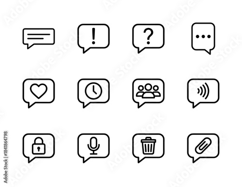Chat and message line icon set. Vector pictograms of speech bubble, alert, question, typing, heart, group, lock, microphone, delete, attachment, thin outline illustration.