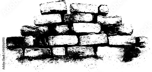 Black and white stencil of collapsed brick wall - urban art concept