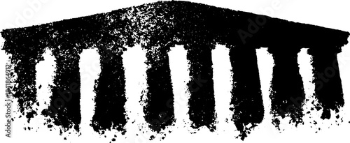 Grunge stencil of textured parthenon building in black and white silhouette for creative design