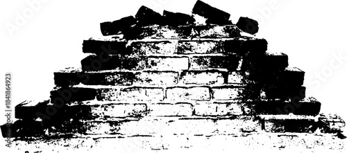 Black and white stencil of collapsed brick wall for urban art design