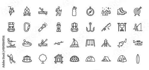 Summer camp and outdoor recreation line icon set. Vector pictograms of hiking, campfire, tent, fishing, kayak, backpack, compass and lantern, thin outline illustration.