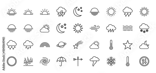 Weather line icon set. Vector pictograms of sun, cloud, rain, snow, lightning, moon, thermometer, wind, rainbow and star, thin outline illustration.