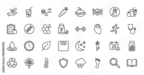 Health and lifestyle line icon set. Vector pictograms of diet, fitness, nature, medical, yoga, organic food, sleep, recycle, thin outline illustration.