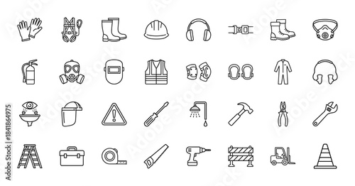 Construction and safety line icon set. Vector pictograms of helmet, mask, extinguisher, vest, hammer, drill, ladder, forklift, boots and tools, thin outline illustration.