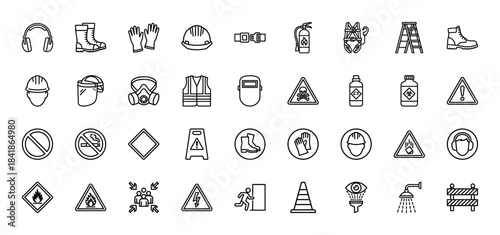 Industrial safety line icon set. Vector pictograms of helmet, boots, gloves, vest, mask, fire extinguisher, warning signs and protective gear, thin outline illustration.