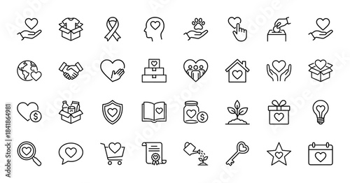 Charity and donation line icon set. Vector pictograms of volunteer hand, heart, giving box, food, coin money, ribbon, globe and house, thin outline illustration.