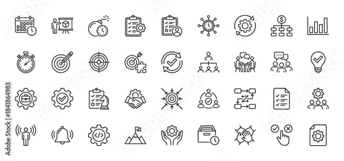 Business management line icon set. Vector pictograms of schedule, strategy, teamwork, deadline, target, process, analytics and meeting, thin outline illustration.