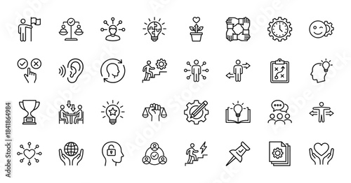 Business management and leadership line icon set. Vector pictograms of strategy, teamwork, success, innovation, time, and career growth, thin outline illustration.