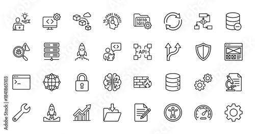 Software development line icon set. Vector pictograms of coding, server, database, cloud, api, security, artificial intelligence and web design, thin outline illustration.