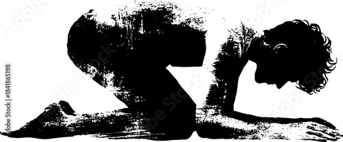 Black and white stencil of crouching human silhouette for urban art design
