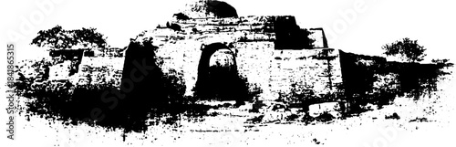 Black and white stencil illustration of ancient stone structure cutaway