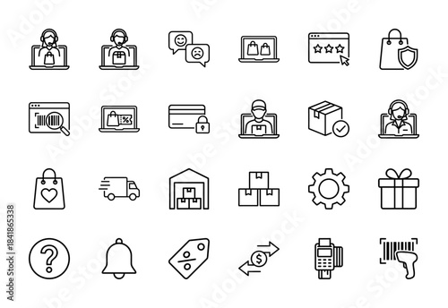 E-commerce and retail line icon set. Vector pictograms of delivery, payment, support, warehouse, truck, gift, scanner, review, coupon, thin outline illustration.