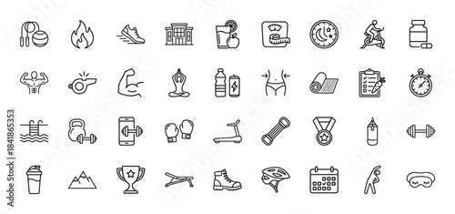 Fitness and gym line icon set. Vector pictograms of dumbbell, treadmill, yoga, muscle, running shoe, stopwatch and sport equipment, thin outline illustration.