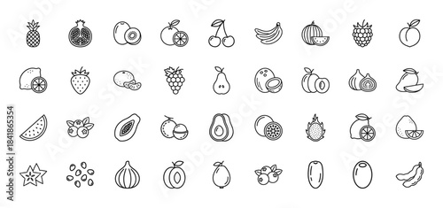 Fruit line icon set. Vector pictograms of pineapple, banana, cherry, grape, strawberry, lemon, watermelon, avocado, mango, papaya and fig, thin outline illustration.