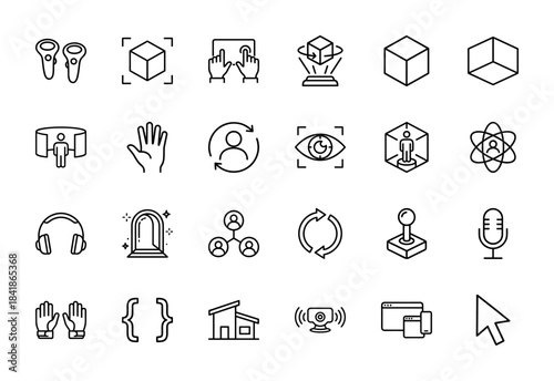 Virtual reality and metaverse line icon set. Vector pictograms of headset, controller, panorama, hologram, avatar, haptic gloves, joystick, thin outline illustration.