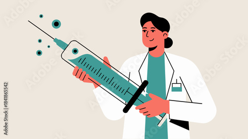 female doctor holding a large syringe vector illustration 
