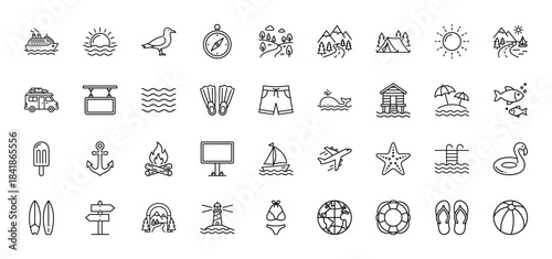 Summer vacation and travel line icon set. Vector pictograms of beach, camping, surfboard, sun, tent, swimsuit, ship, plane, compass, lighthouse. Thin outline illustration.