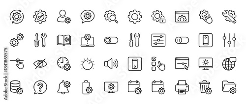 Settings and configuration line icon set. Vector pictograms of gear, slider, toggle, tools, maintenance, user, notification, system control, thin outline illustration.
