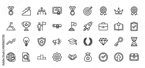 Success and achievement line icon set. Vector pictograms of trophy, medal, target, rocket, certificate, flag, handshake, crown, thin outline illustration.