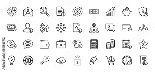 Finance and business line icon set. Vector pictograms of wallet, card, calculator, piggy bank, money, graph, shield, cloud and lock, thin outline illustration.