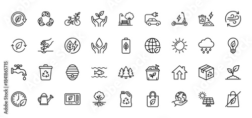 Ecology and sustainability line icon set. Vector pictograms of recycling, solar panel, electric car, battery, water, plant, wind, nature, thin outline illustration.