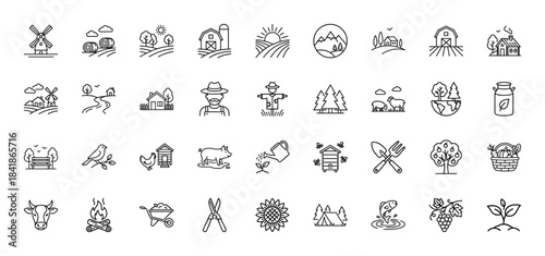 Agriculture and farming line icon set. Vector pictograms of windmill, barn, cow, pig, scarecrow, beehive, milk, and gardening tools, thin outline illustration.