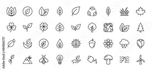Ecology and nature line icon set. Vector pictograms of leaf, tree, recycle, sun, flower, earth, water drop, sprout, wind turbine and bee, thin outline illustration.