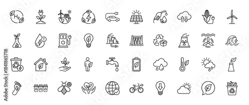 Ecology and renewable energy line icon set. Vector pictograms of solar panel, wind turbine, electric car, biofuel, recycling, and battery, thin outline illustration.
