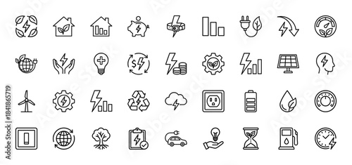 Energy and ecology line icon set. Vector pictograms of solar panel, wind turbine, electric car, battery, plug, light bulb and eco house. Thin outline illustration.