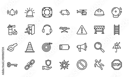 Safety and emergency line icon set. Vector pictograms of siren, ambulance, helmet, extinguisher, stretcher, barrier, shield and stop sign. Thin outline illustration.