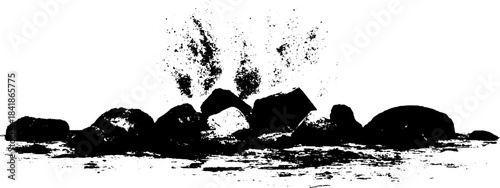 Black and white stencil illustration of drifting blocks with splatter effect