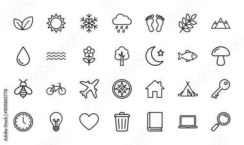 Nature and travel line icon set. Vector pictograms of sun, mountain, tent, airplane, tree, bicycle, compass and weather symbols, thin outline illustration.