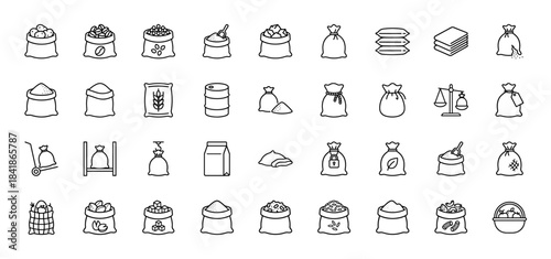 Agriculture and harvest line icon set. Vector pictograms of flour sack, grain bag, coffee beans, sugar, rice, potato, barrel and seeds, thin outline illustration.