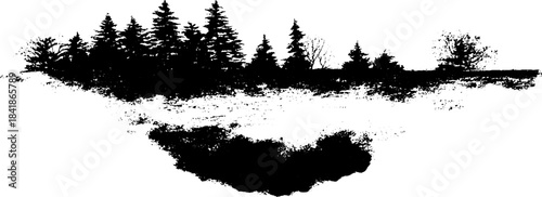 Black and white stencil illustration of drifting hexagonal forest landscape