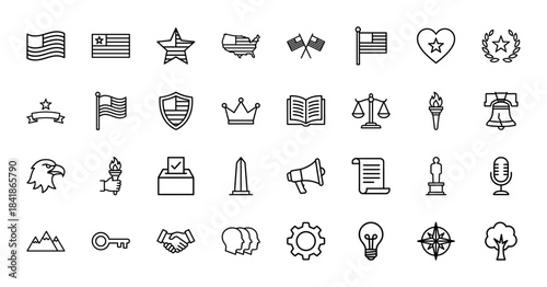 USA and government line icon set. Vector pictograms of flag, eagle, torch, ballot box, scales, shield, monument, map, bell, and scroll, thin outline illustration.