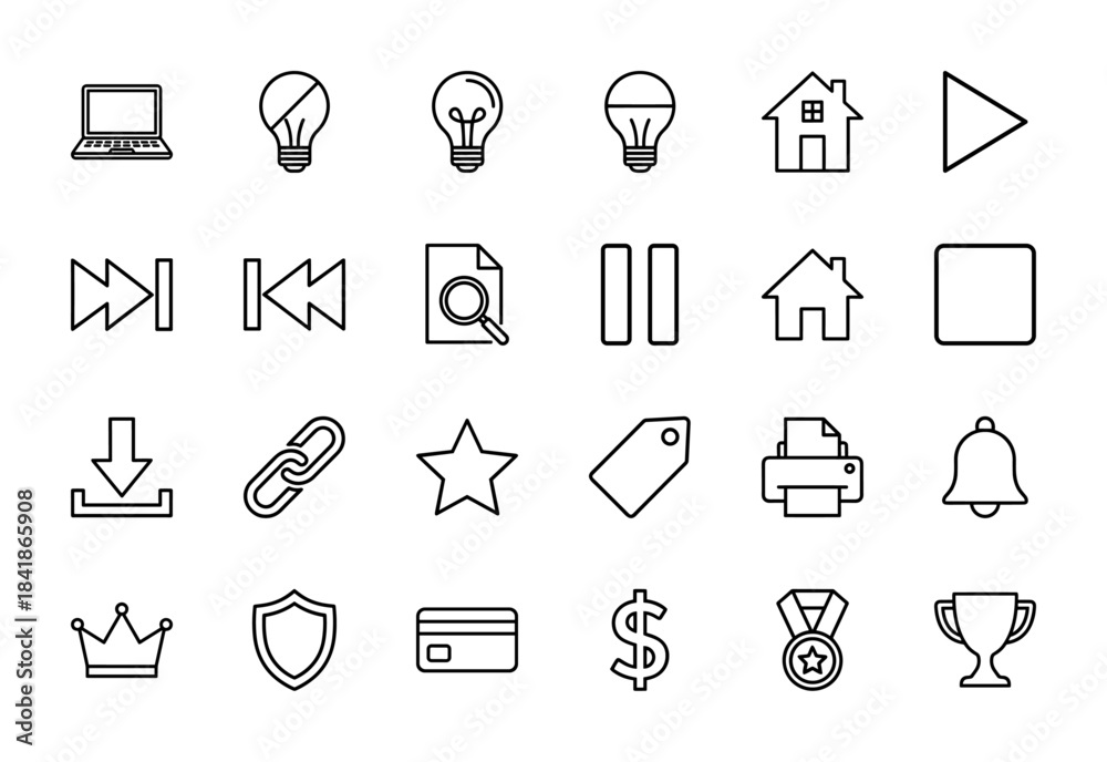 Fototapeta premium Interface line icon set. Vector pictograms of laptop, lightbulb, home, play, search, download, link, printer, bell, shield, card and trophy, thin outline illustration.