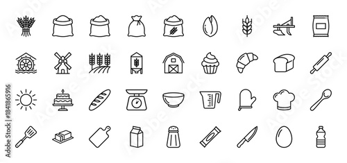 Bakery and agriculture line icon set. Vector pictograms of wheat, flour, windmill, barn, bread, cake, rolling pin, chef hat, milk and egg, thin outline illustration.