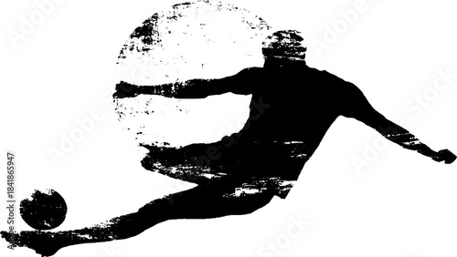 Dynamic black and white stencil art of a figure kicking a ball in motion